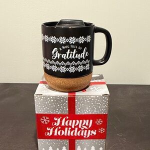 Black Mug with White Writing and Cork Bottom Gratitude Mug